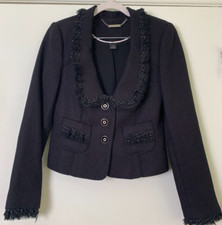 WHBM Black Tweed Polka Dot Lace Trim Deep V-Neck Jacket Sz 4