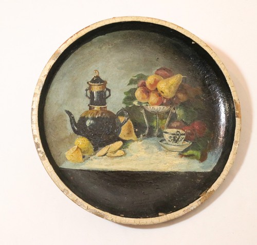 antique hand painted folk Art still life oil painting on stoneware pottery lid - Picture 5 of 11
