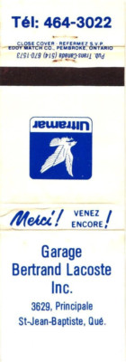 Saint-Jean-Baptiste Canada Garage Bertrand Lacoste Inc., Vintage Matchbook Cover