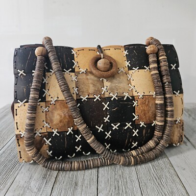 Brown Beige Wooden Patchwork Quilt Women's Ladies Handbag Shoulder Purse with 10