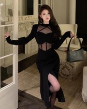 Women's  Fashion sexy perspective Mesh Splicing Package buttocks slit Midi dress