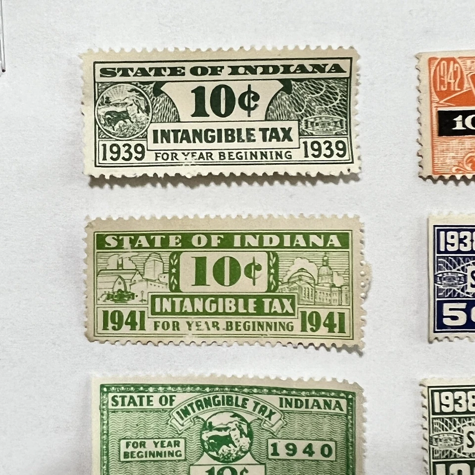 RARE 1938-1942 LOT OF INDIANA INTANGIBLES TAX STAMPS UNUSED - Image 2 of 4