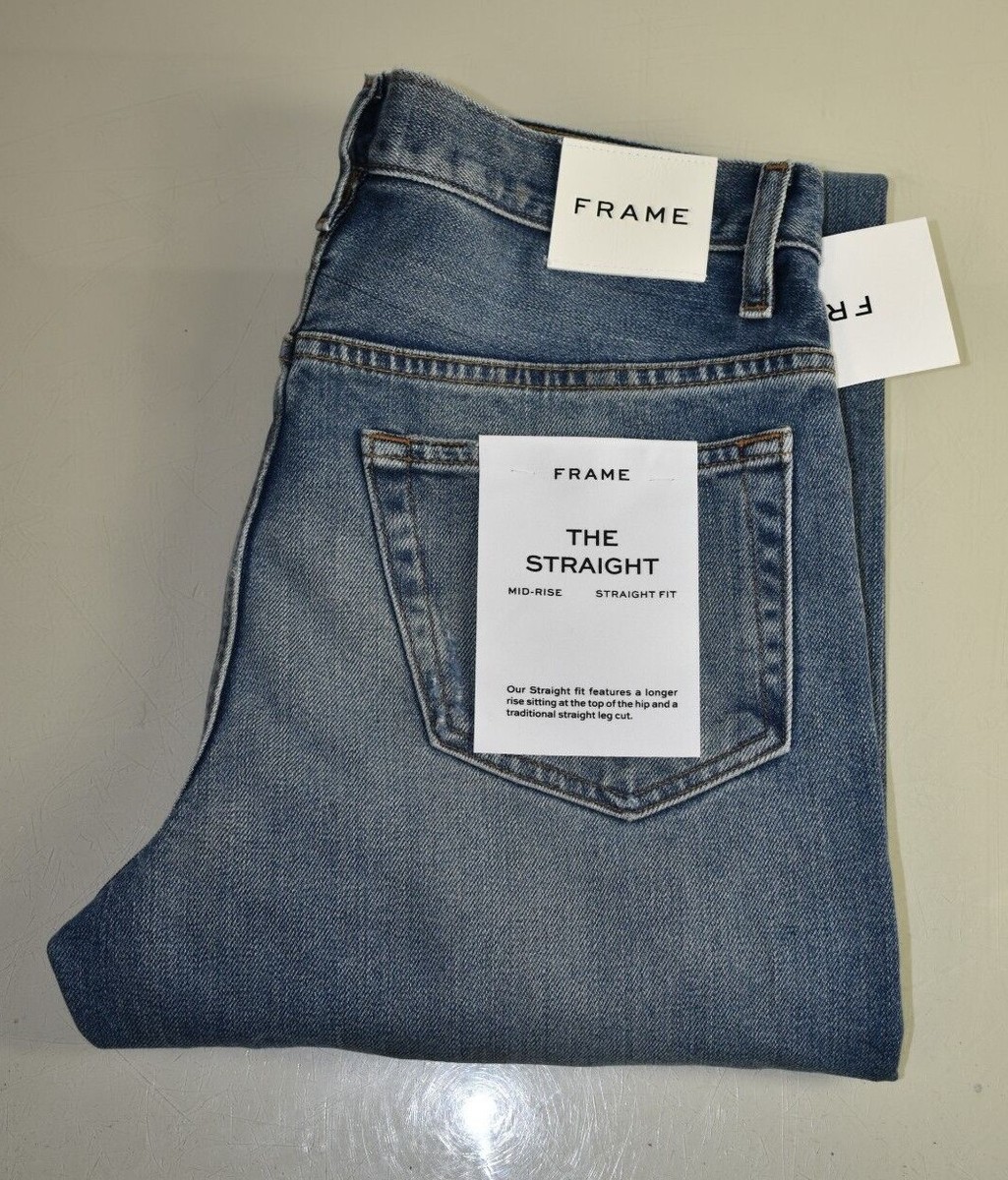 $498 NEW Frame Jeans The Straight SILK Cotton Distressed Blue