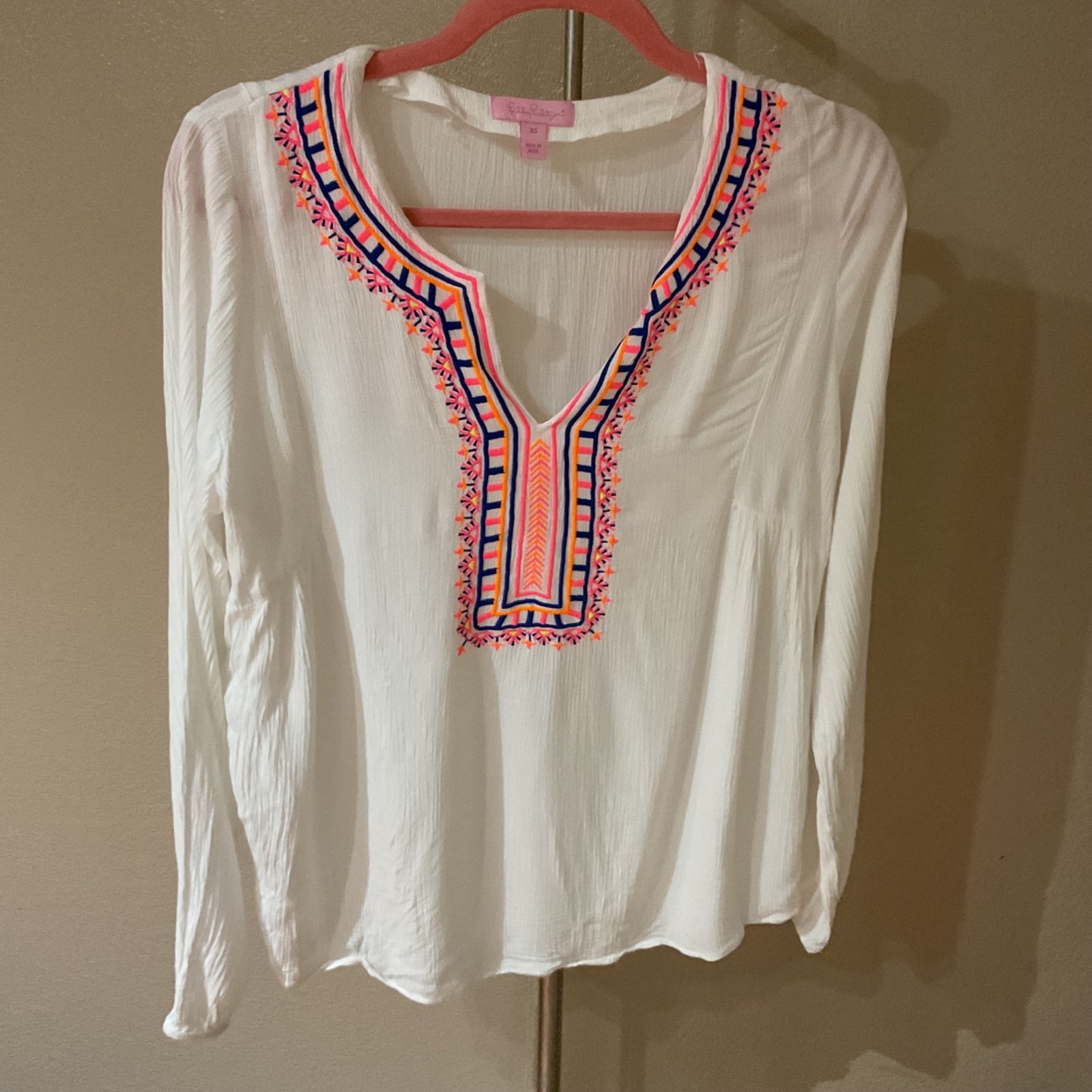 Lilly Pulitzer White Embroidered Rayon Bohemian Blouse Size XS