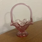 FENTON Art Glass Cranberry Irredecent Ruffled Strawberry Footed Basket w/Handle