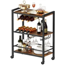 Bar Cart, 3-Tier Coffee Cart with Wheels, Kitchen Cart, Wine Cart with Wine R...