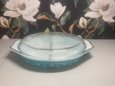 Vintage Pyrex Blue Snowflake 1.5qt Divided Dinnerware 36 With Lid 