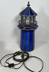 VTG Tiffany Style Blue Stained Glass Lighthouse Lamp Approx 14”H Some Rust