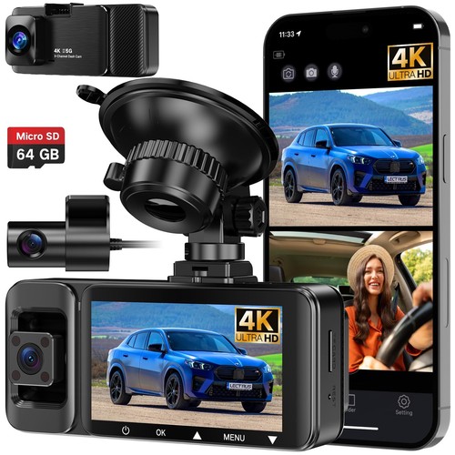 4k Dash Cam Front and Rear Inside, 3 Channel Dash Camera for Cars, APP Contro...