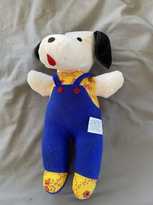 Etone 1977 Plush Dog Stuffed Animal Blue Overalls Yellow Floral Shirt