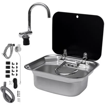 RV Caravan Camper Boat Stainless Steel Hand Wash Basin Kitchen Sink w/Lid Faucet