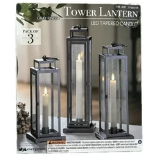 Evergreen LED Tapered Candle Tower Lantern 3 Pack  (Gray Finish) Free US Ship