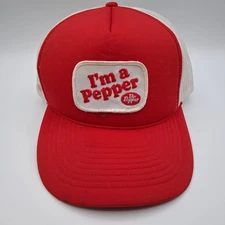Vtg Dr. Pepper I’m a Pepper Patch Hat 1980's Trucker Cap Snapback Red White Mesh