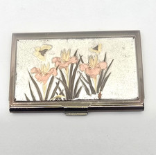 Vtg Business Card Holder Gold  Silver Tone Butterflies Flowers Made In Japan