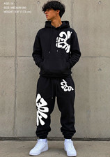 Men's Black/White Graphic Hoodie Tapered Jogger Pants 2pc Set M