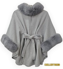 Frank Usher Sleeved Shawl Cape One Size Grey Faux Fur Detail