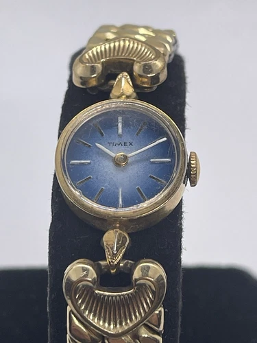 Ladies Timex Mechanical Watch Vintage Blue Dial Runs Fast Stretch Band Wind Up