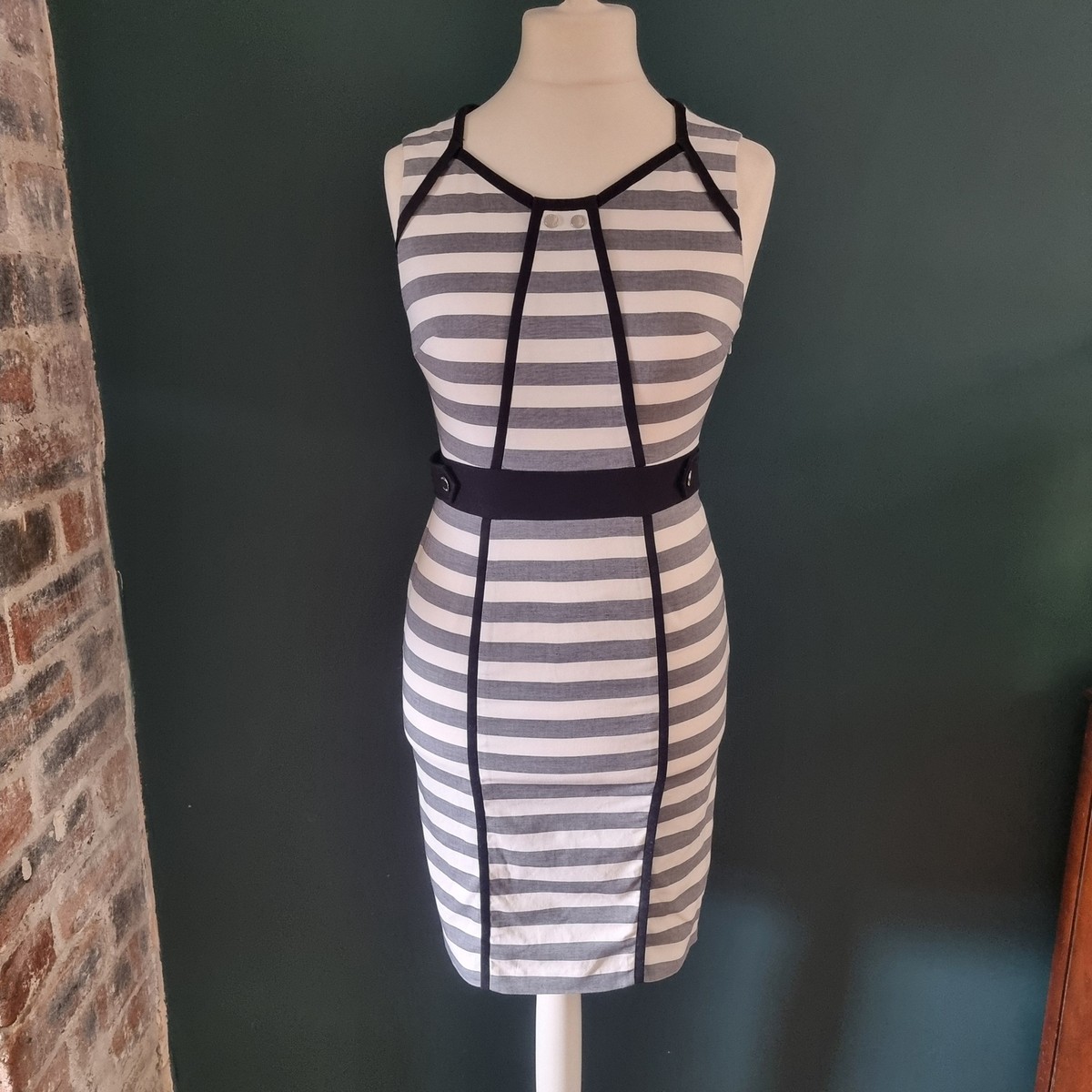 Karen Millen designer fitted white, black grey striped dress