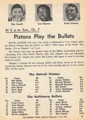 1971 FULL PAGE NBA TV BASKETBALL AD BALTIMORE BULLETS WES UNSELD & EARL MONROE