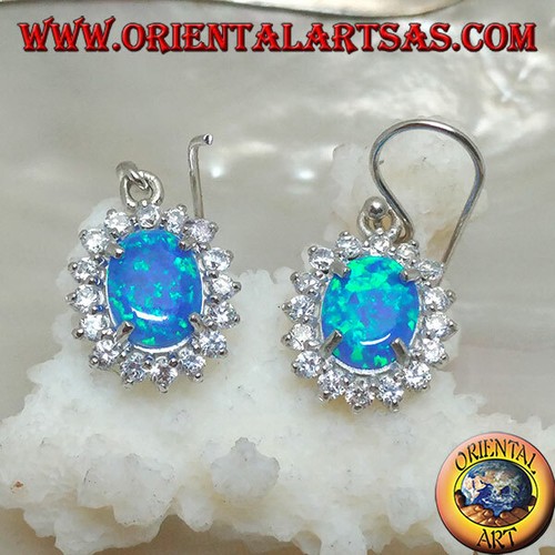 Boucles D'oreilles En Argent Solide Avec Opale De Feu Bleue 5x4mm Et Zircons - Neuf Sans Emballage