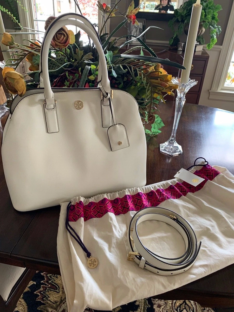 Tory Burch Robinson Open Dome Satchel Tote Top Handle Bag Ivory Saffiano  Leather Medium Handbag: : Fashion