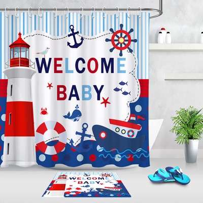 Nautical Anchor Waterproof Shower Curtain Set Blue White Stripes Bathroom Mat