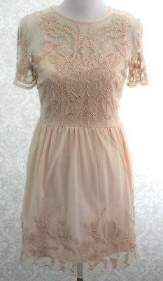 FOREVER 21 Womens Medium Pink Flower Lace Knee Length Short Sleeve Dress A35