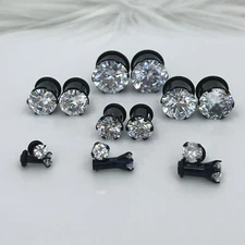 Clear CZ Plugs O Ring PVD Black Surgical Steel Single Flare Tunnel Earlet Gauges