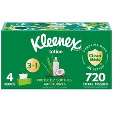 4 Flat Boxes Kleenex Lotion Facial Tissues with Coconut Oil, 180 Tissues Per