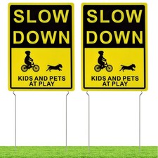 Slow Down Kids and Pets at Play Yard Signs with Metal Stakes, 16 x 12 Inches/...