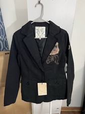 Love Stitch Raw Edge Boho Blazer Jacket Graphic Back Womens Large NWT Preppy