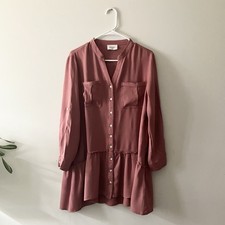 Aura Dusty Rose Tiered Button Front Blouse Dress Medium Boho Romantic