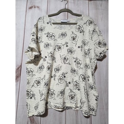 Croft & Barrow Womens 3X Textured Floral Print Short Sleeve Top Cream Black