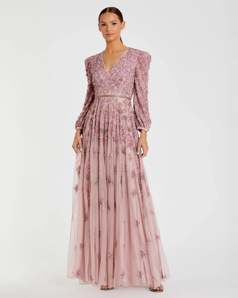 MAC DUGGAL 12 Pink Embellished VNeck A Line Maxi Gown Long Sleeve Dress 5497 NWT - Image 2 of 4