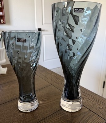 Krosno Vases Hand Blown In Poland NWTs Set of Two Smoky Gray