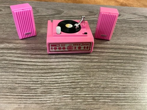 Vintage Mattel Barbie Doll Pink Wind Up Record Player Stereo Speakers Lot Works