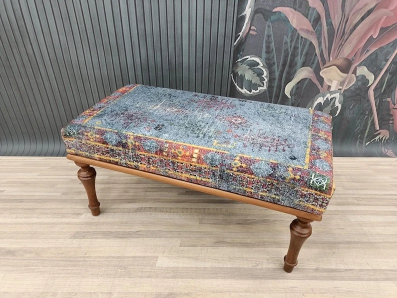 Handmade Ottoman Bench Turkish Rug Upholstery Boho Seat Entryway Furniture - Image 2 of 4