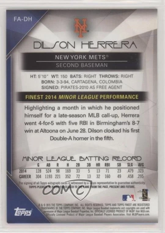 2015 Topps Finest Orange Refractor /25 Dilson Herrera #FA-DH Rookie Auto RC - Image 2 of 2