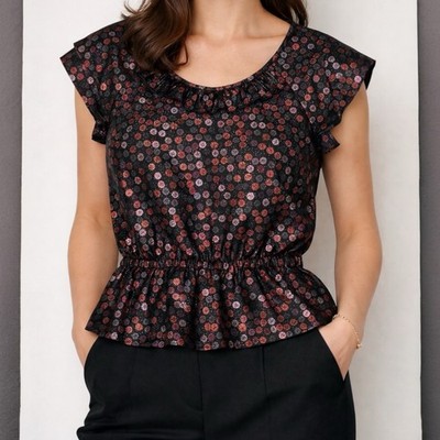 Marc by Marc Jacobs Black Multi Metallic Dot Peplum Top Sz 4 Ruffle Neck Silk