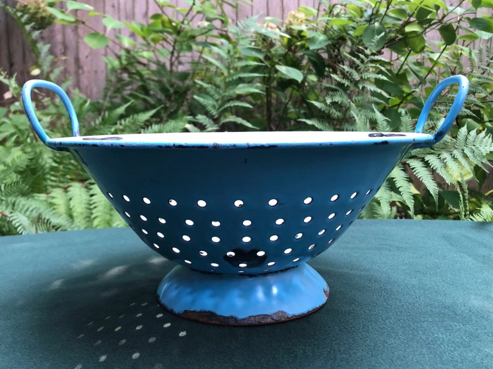 Vintage Blue and White Enamelware Colander Strainer Farmhouse Style