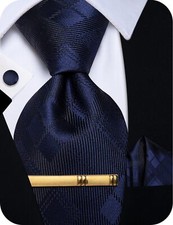 Navy Blue Ties and Pocket Square Set for Men Plaid Men's Tie Silk Wedding Bus...