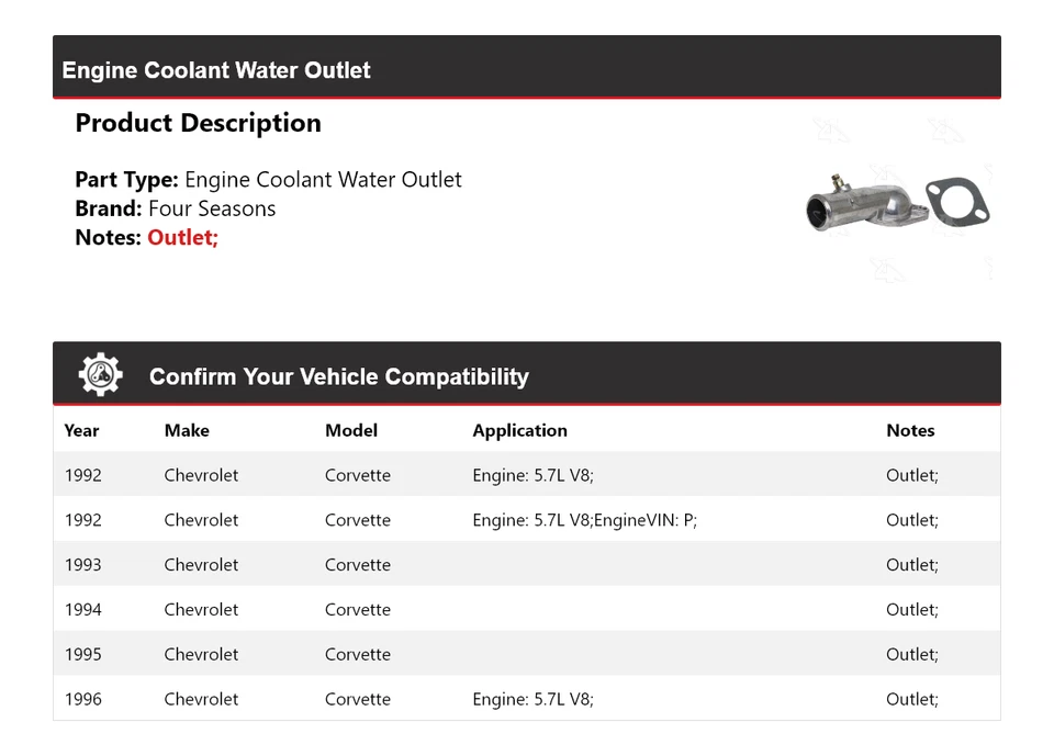 适用于 1992 - 1996 年雪佛兰科尔维特发动机冷却水插座 4 季 1993 1994 — 第 2/4 张图片