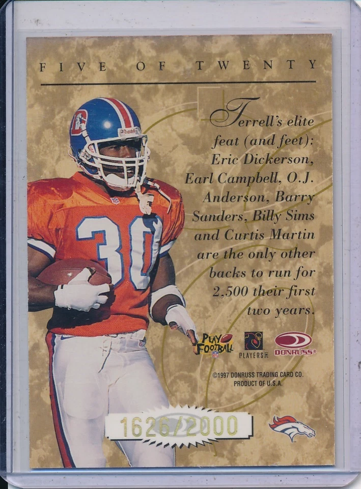 Terrell Davis 1997 Donruss Elite Gold Series 1626/2000 - Image 2 of 2