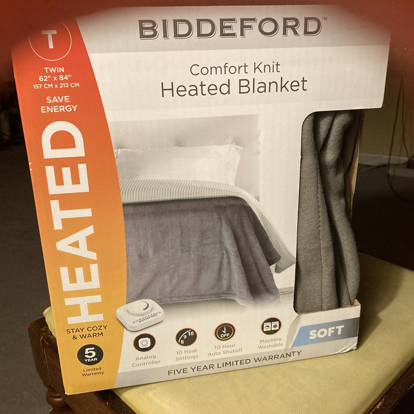 NEW Biddeford Comfort Soft Knit Heated Blanket Grey Color Twin Size 62
