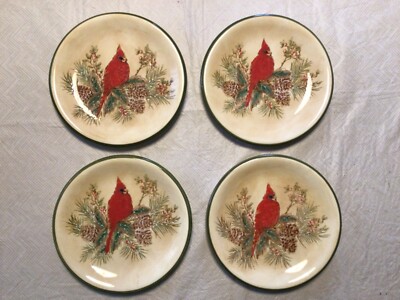 Rare Pacific Rim 4 Salad Plates 8 Hand Painted Cardinal/Pinecone & Holly #BxR-8