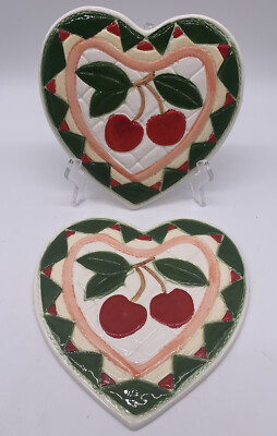 (2) Vandor Heart Vintage Trivets Red Cherries 1982 MCM -Farm House Country
