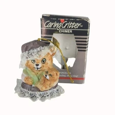 Caring Critter Chimer Bisque Porcelain Mother Cat Holding Baby Christmas Ornamen