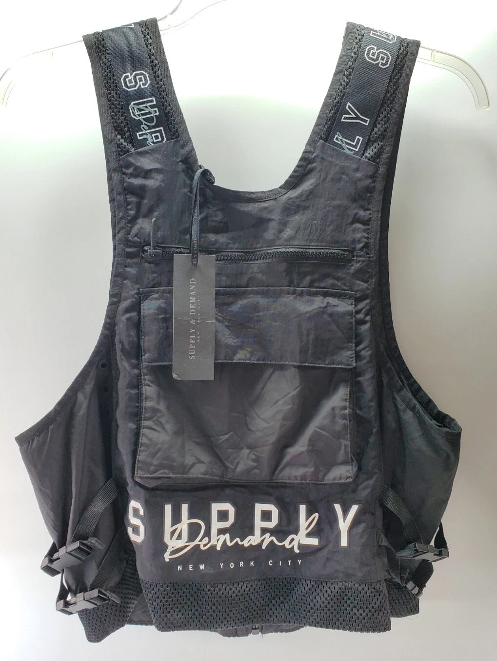 Supply & Demand Mens Black Reflective Utility Vest, Pockets Zip Up, Size S