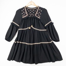 American Eagle Outfitters Dress Womens Small Black Boho Gauzy Fringe Embroidered