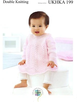 UKHKA 199 Baby Dress and Jacket Knitting Pattern In DK 14-22" (36-56cm)